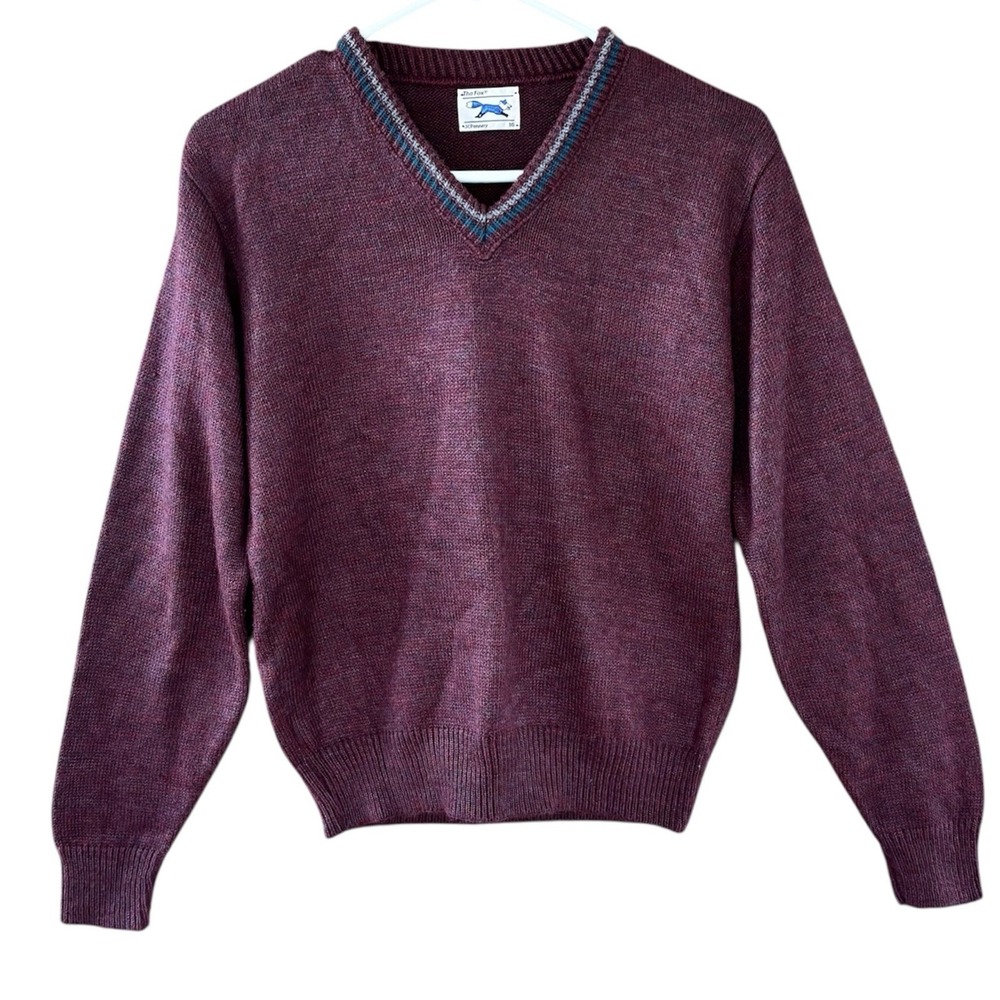 Vintage JC Penny The Fox Sweater Boys 16 Marled Burgundy V-Neck Acrylic USA Made